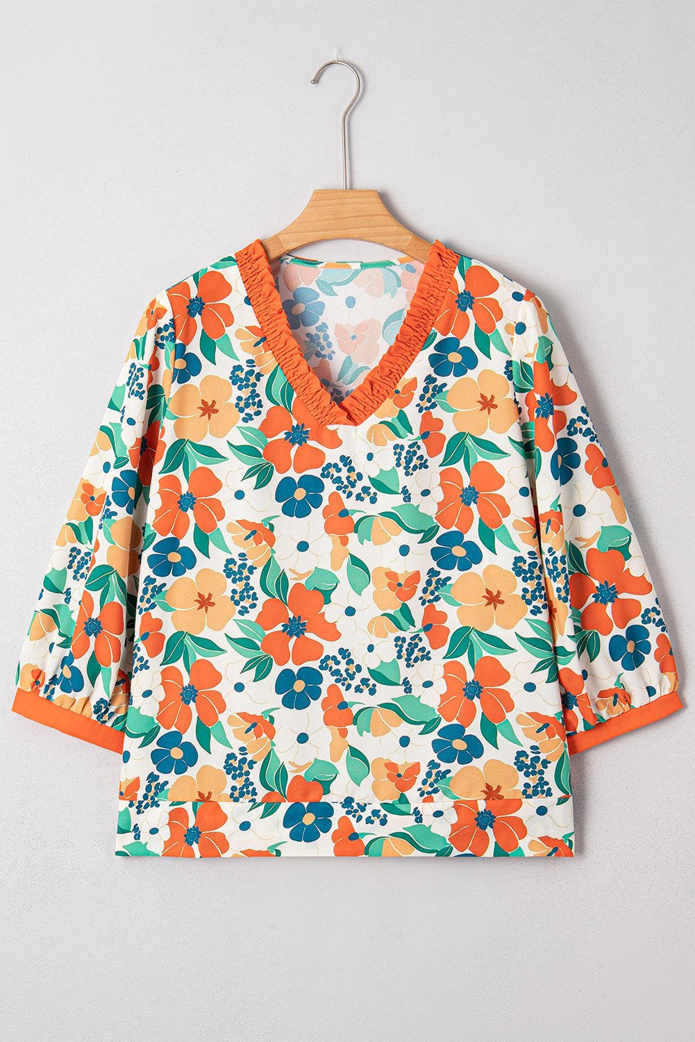 Orange Frilled V Neck Floral Print Bracelet Sleeve Blouse - Jaico Online Shop