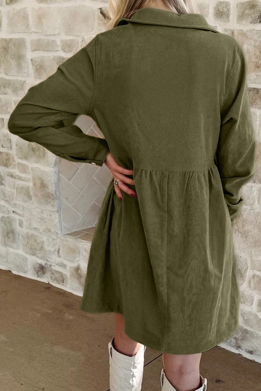 Vineyard Green Corduroy Half Button Collared Long Sleeve Mini Dress - Jaico Online Shop