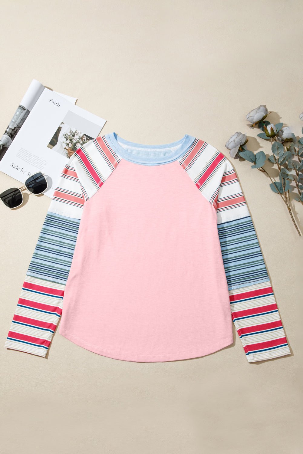 Pink Color Block Round Neck Exposed Seam Patchwork Striped Long Sleeve Top - Jaico Online Shop