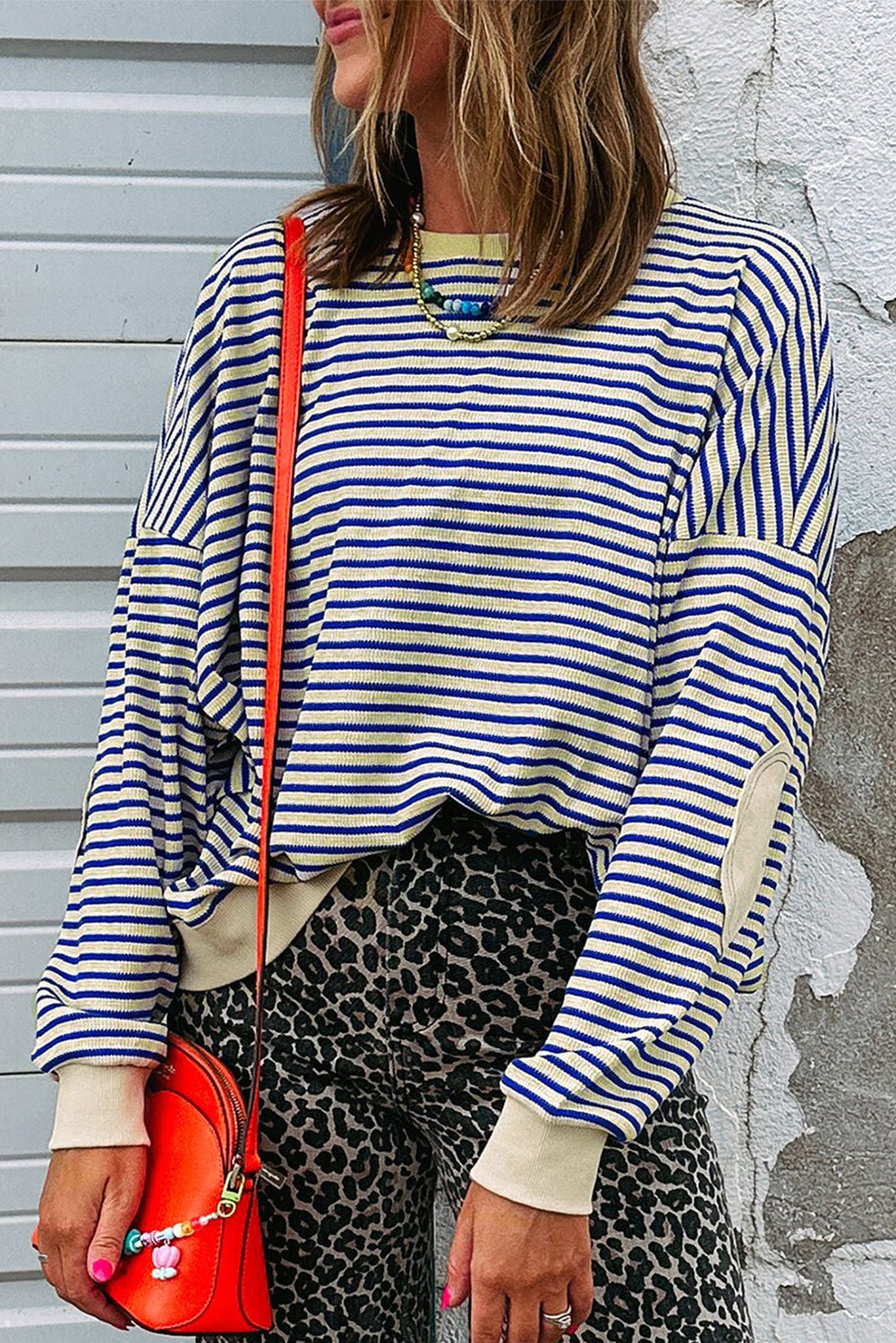 Blue Stripe Textured Elbow Patched Crew Neck Drop Shoulder Sweatshirt - Jaico Online Shop