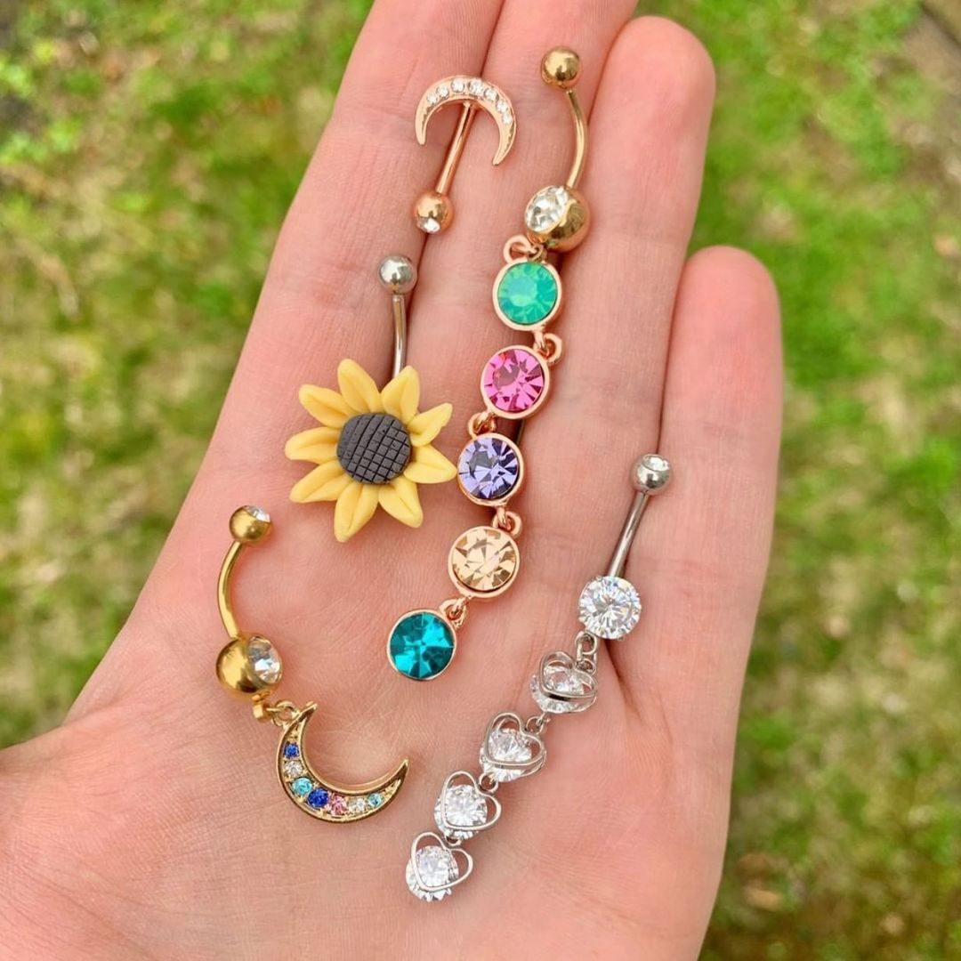 Clear CZ Gem Heart Trap Dangle Belly Ring