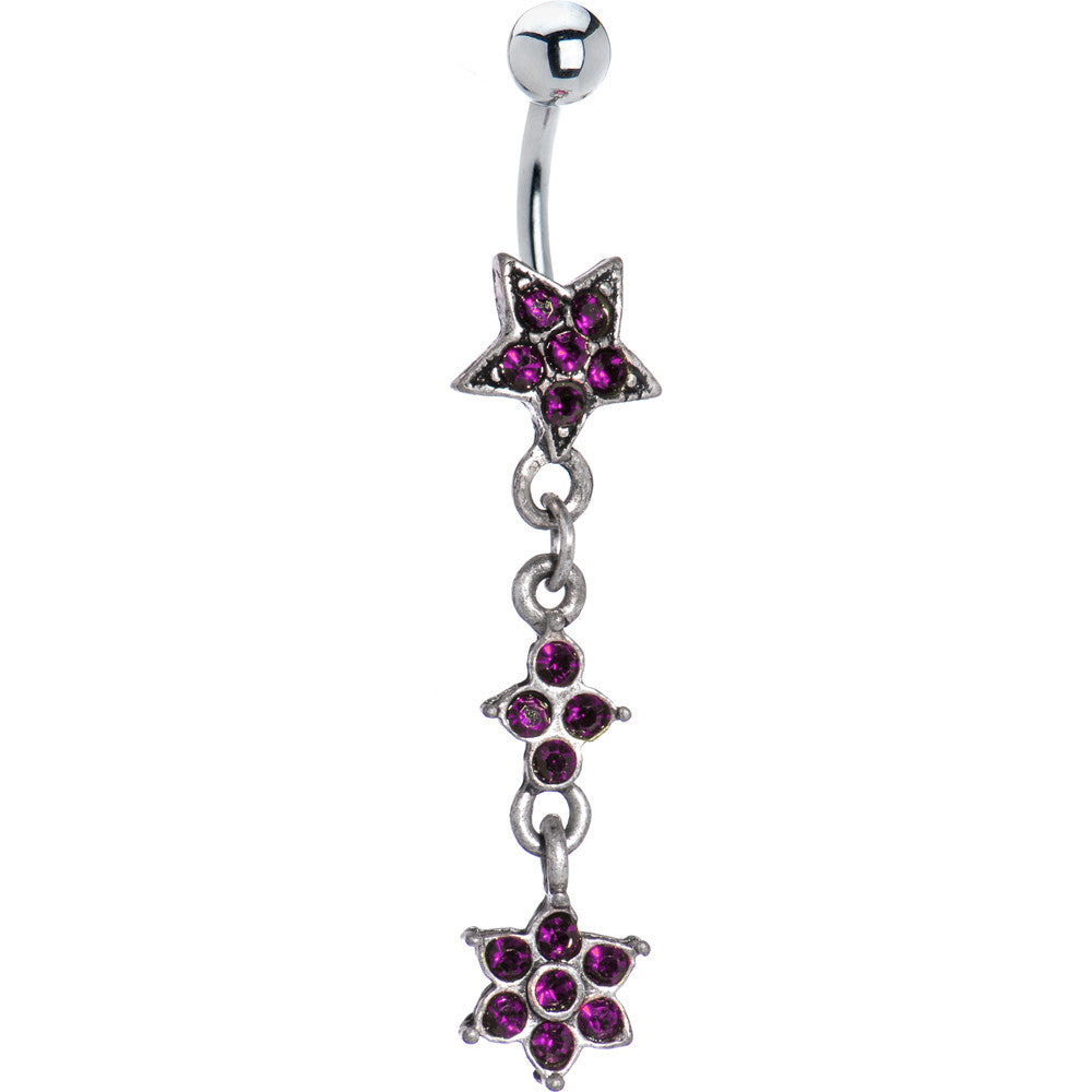 Antique Silver Violet Gem Flourishing Star Dangle Belly Ring