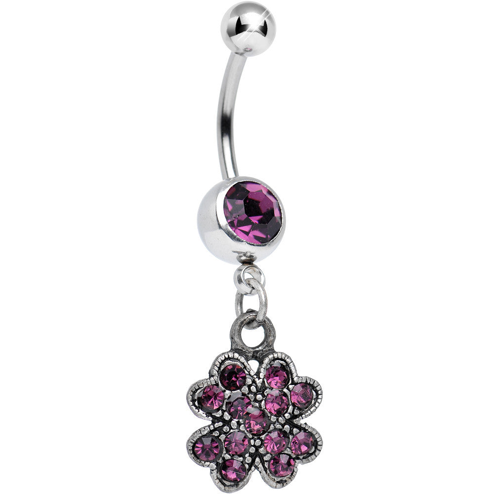 Antique Silver Giant Clover Violet Gem Dangle Belly Ring