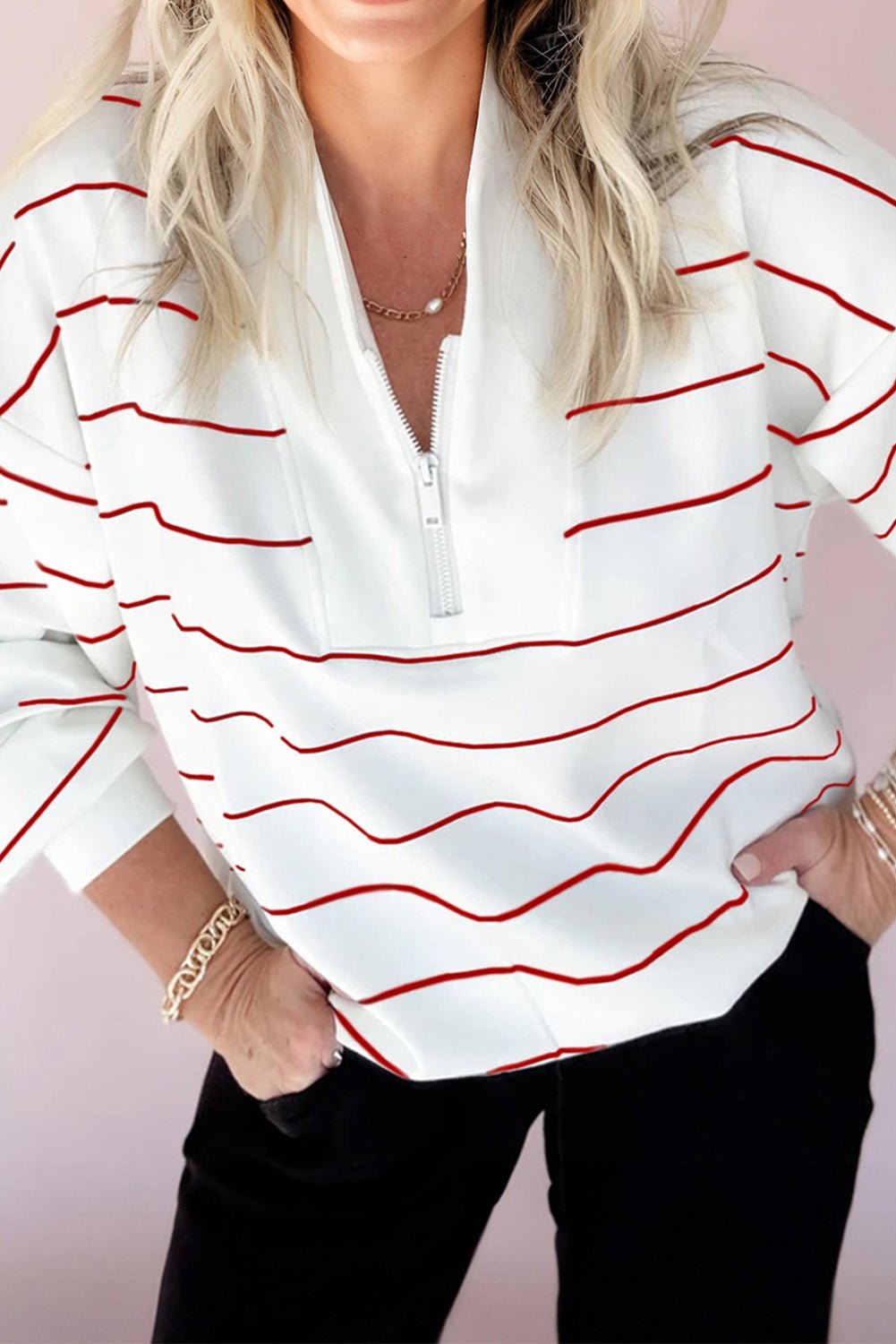 Fiery Red Zip V Neck Casual Stripe Print Drop Shoulder Long Sleeve Top - Jaico Online Shop