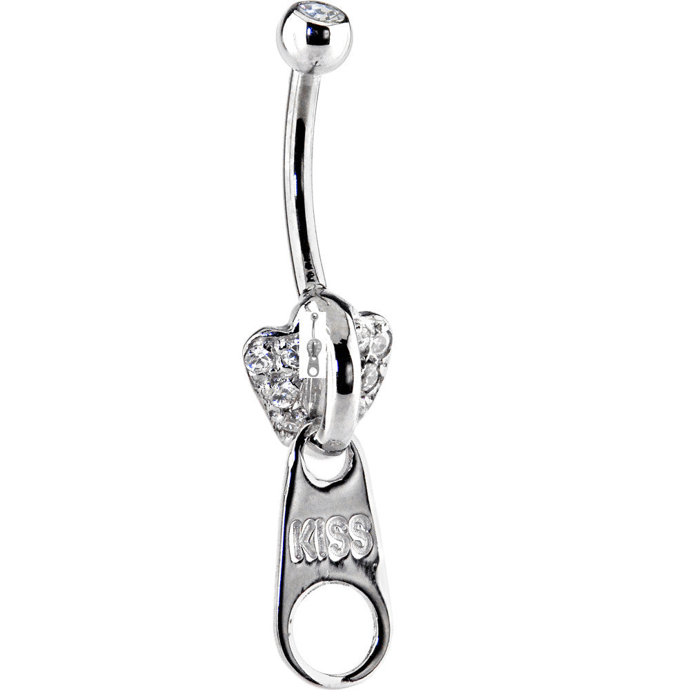 16G Solid 14k White Gold CZ Paved Kiss Zipper Belly Ring