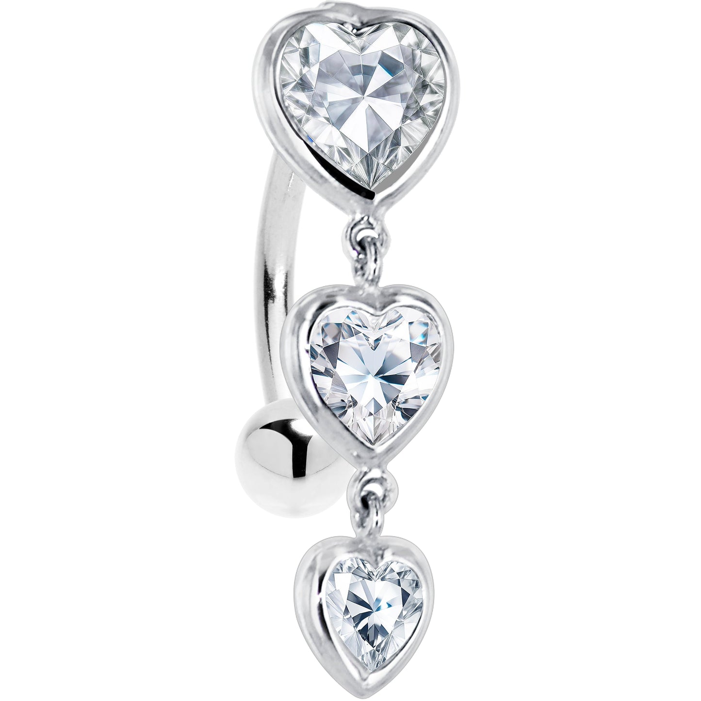 16G Solid 14k White Gold Top Mount Cubic Zirconia Heart Trilogy Belly Ring
