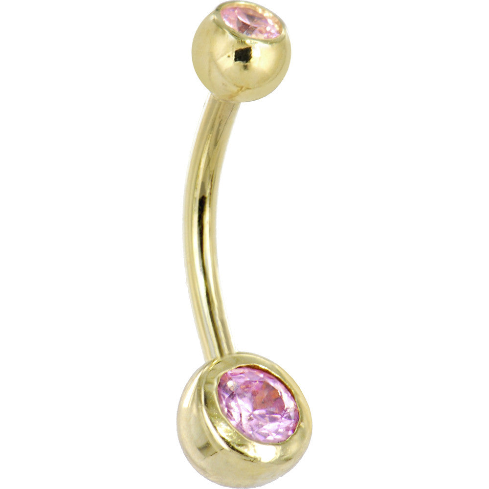 16G Solid 14k Yellow Gold Pink Cubic Zirconia Double Gem Belly Ring