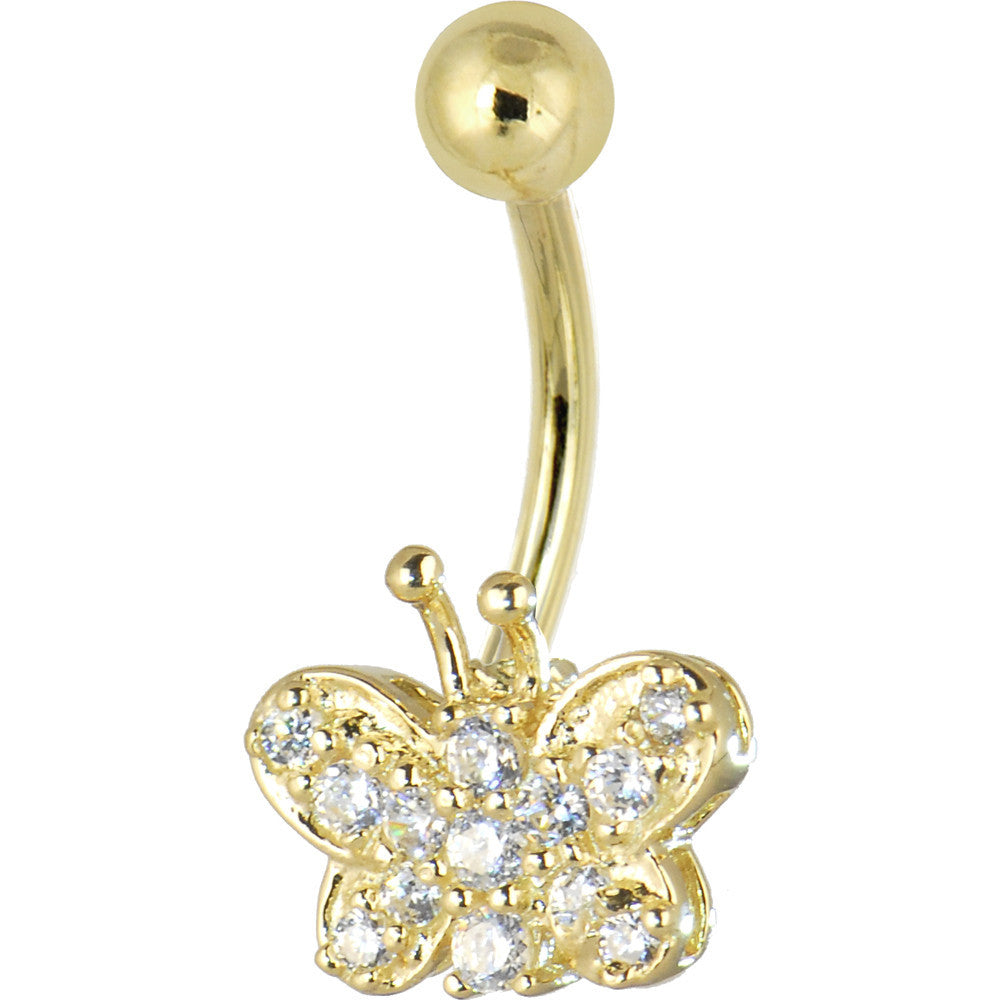 16G Solid 14k Yellow Gold Cubic Zirconia Butterfly Dreams Belly Ring
