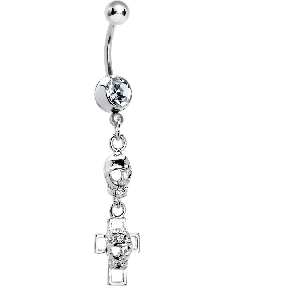 Crystalline Gem Hollow Cross Skull Belly Ring