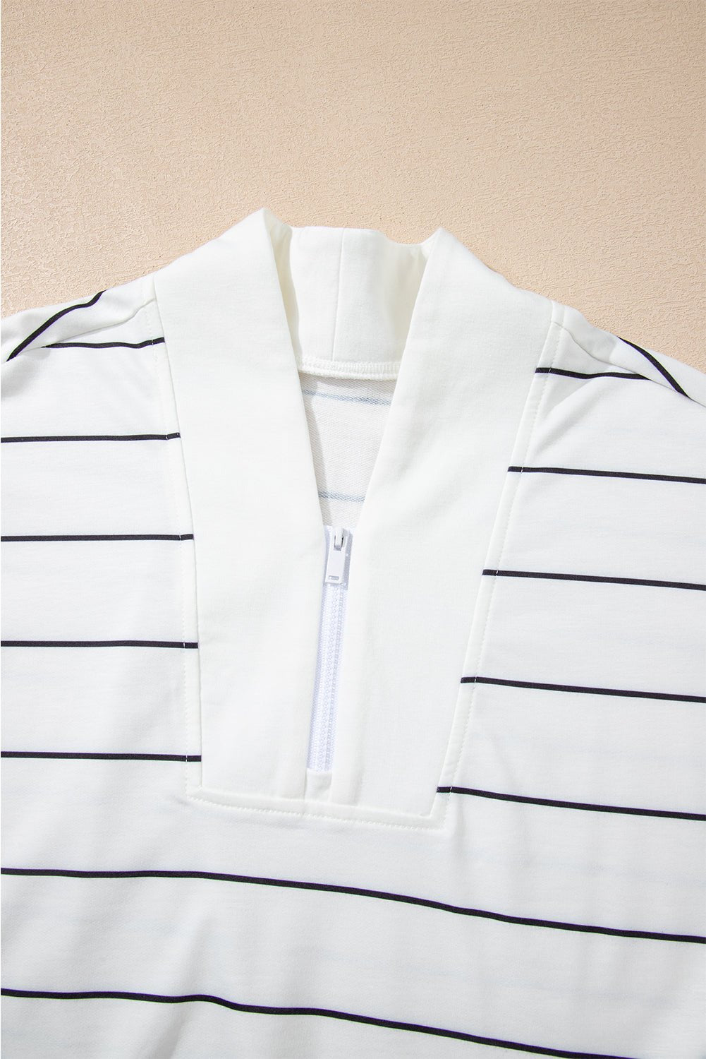 White Zip V Neck Casual Stripe Print Drop Shoulder Long Sleeve Top - Jaico Online Shop