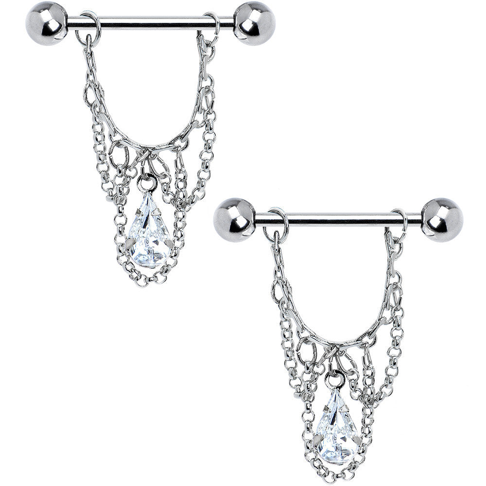 14G 5/8 Clear Teardrop Chain Dangle Nipple Ring Set
