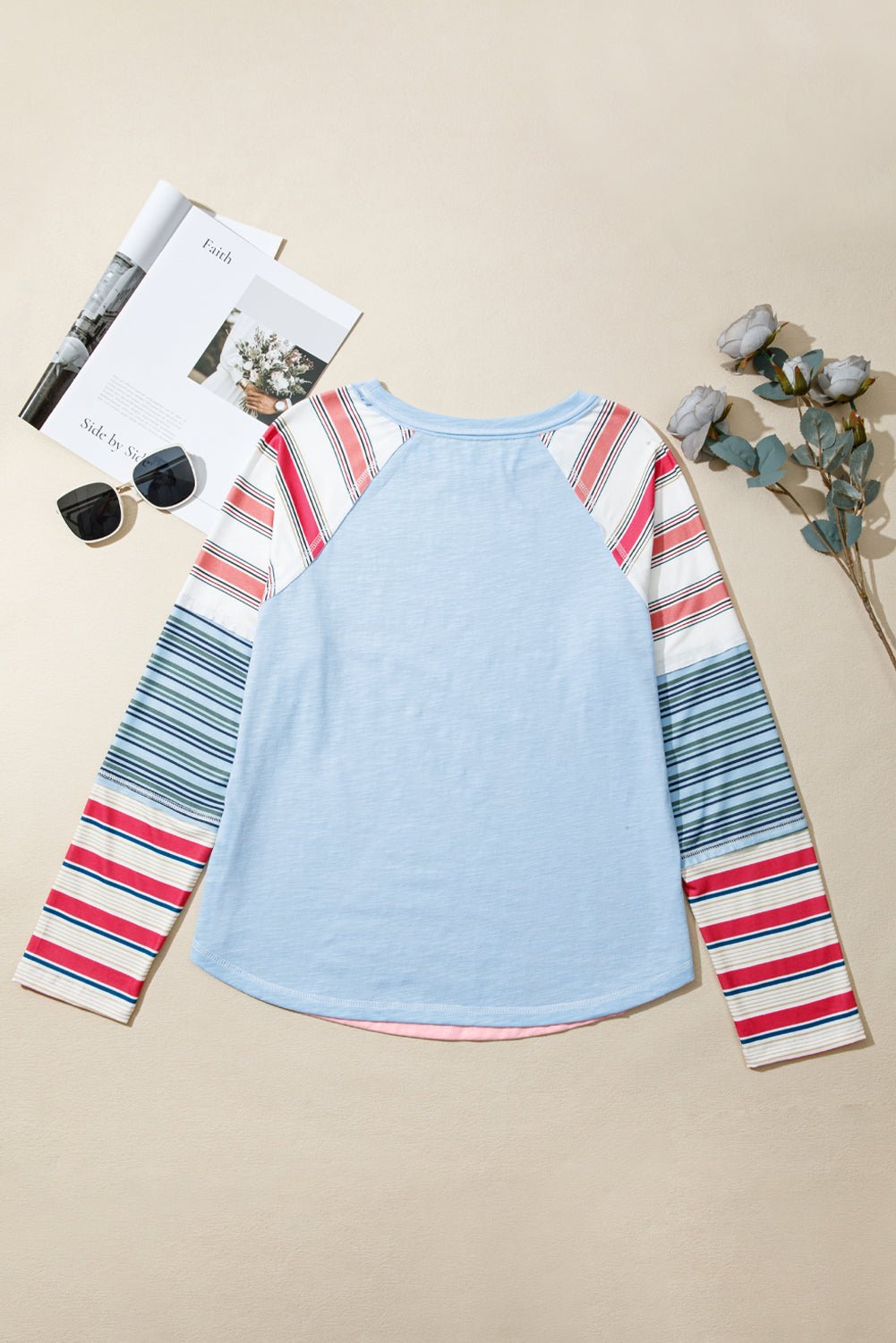 Pink Color Block Round Neck Exposed Seam Patchwork Striped Long Sleeve Top - Jaico Online Shop