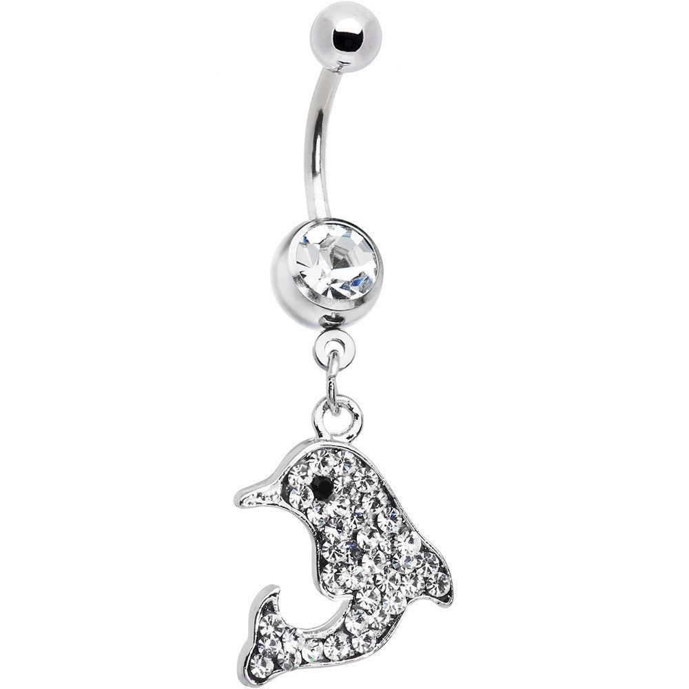Clear Gem Paved Dolphin Dangle Belly Ring
