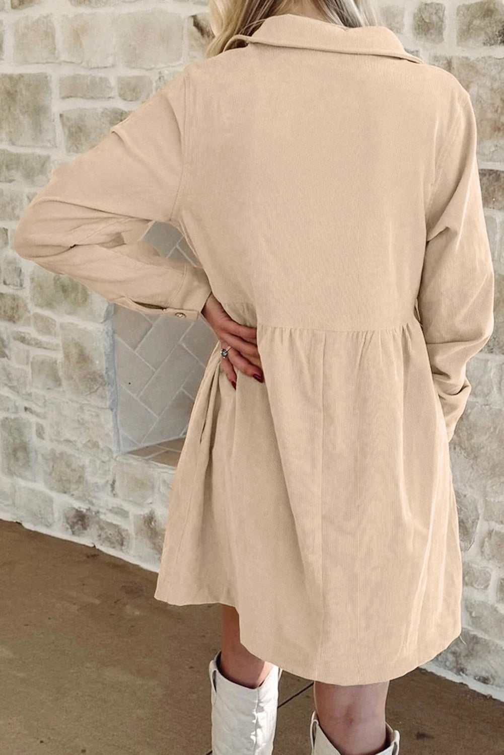 Oatmeal Corduroy Half Button Collared Long Sleeve Mini Dress - Jaico Online Shop