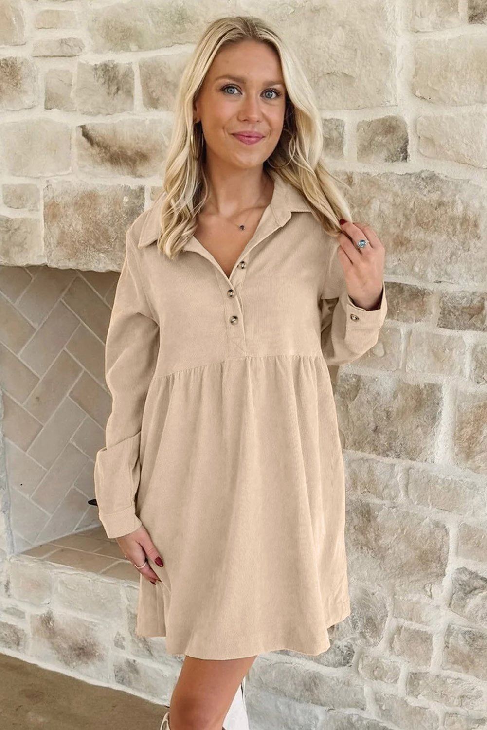 Oatmeal Corduroy Half Button Collared Long Sleeve Mini Dress - Jaico Online Shop