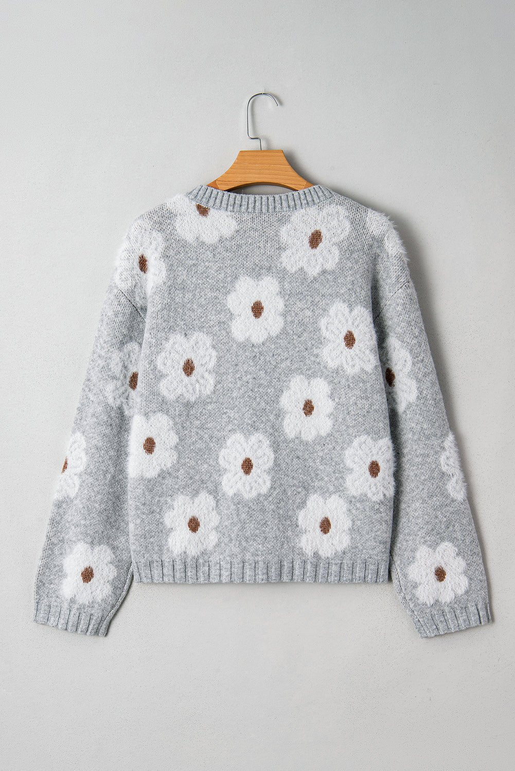 Gray Cute Flower Print V Neck Drop Shoulder Baggy Sweater - Jaico Online Shop
