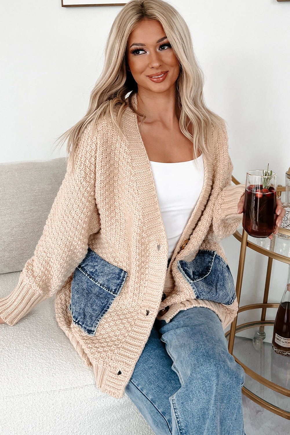 Smoke Gray Open Front Knitted Denim Pocket Patchwork Cardigan - Jaico Online Shop