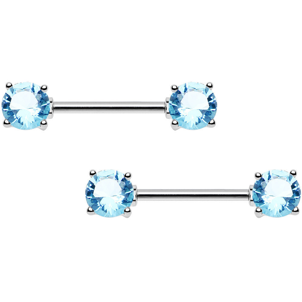 Aqua Cubic Zirconia Front Gem Nipple Barbell Set