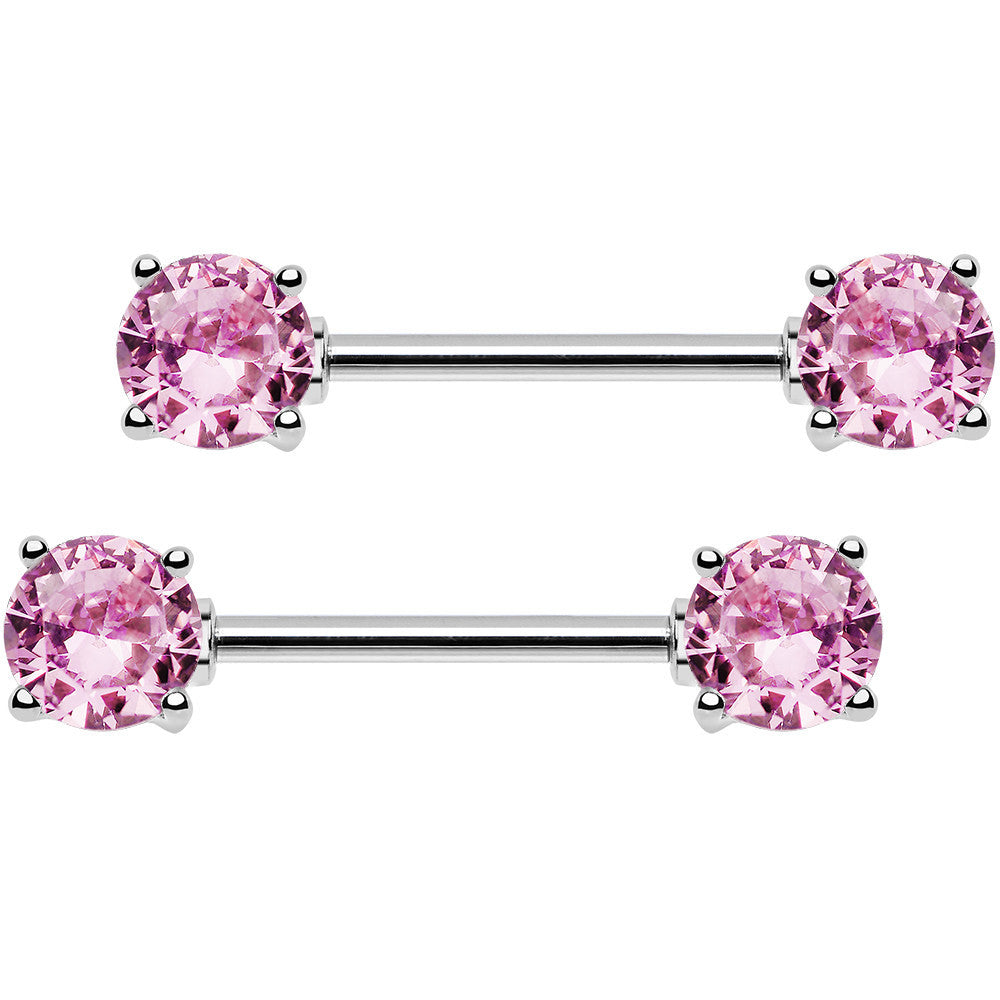 14G 9/16 Pink CZ Gem Barbell Nipple Ring Set