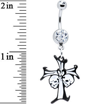 Black and White Double Skulls Cross Belly Ring