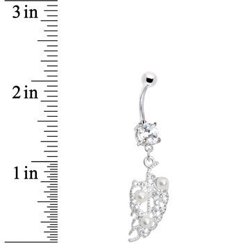 Crystalline Gem Faux Pearl Leaf Belly Ring