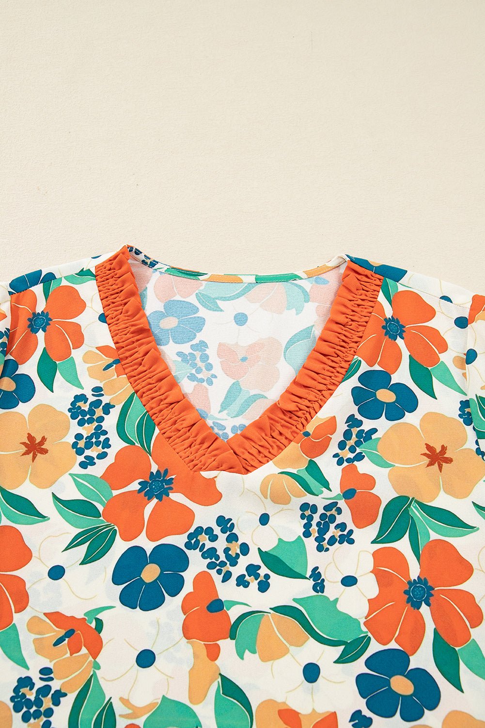 Orange Frilled V Neck Floral Print Bracelet Sleeve Blouse - Jaico Online Shop
