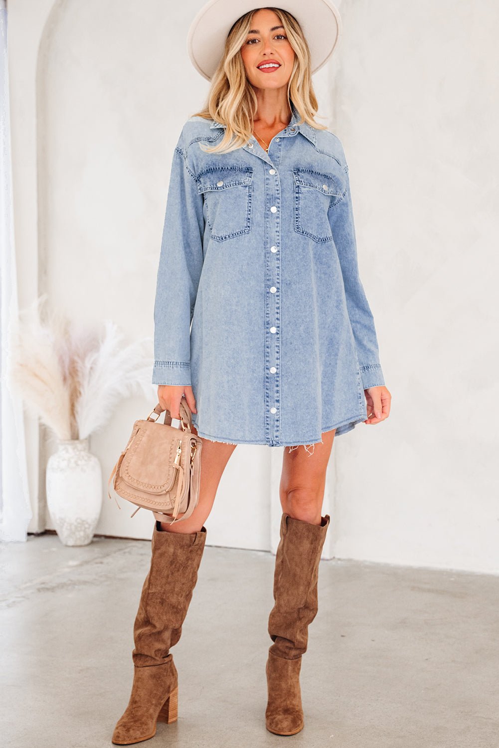 Beau Blue Chest Pocket Raw Hem Denim Loose Shirt Dress - Jaico Online Shop