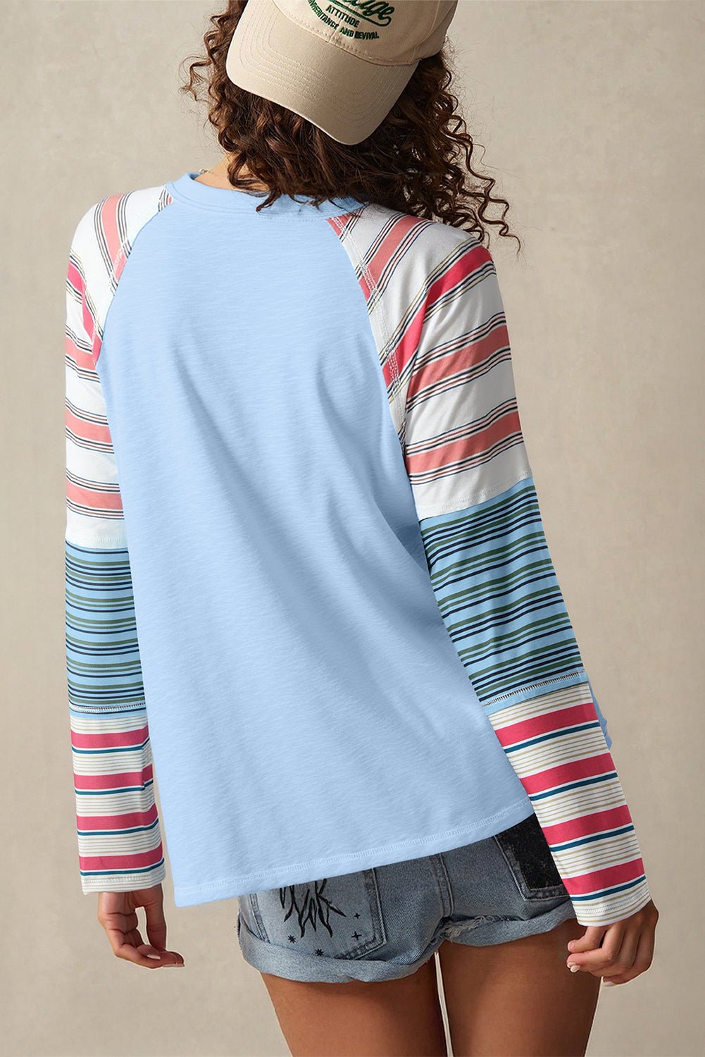 Pink Color Block Round Neck Exposed Seam Patchwork Striped Long Sleeve Top - Jaico Online Shop