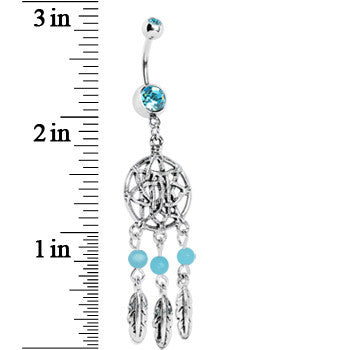 Aqua Gem Tri Feather Star Weave Dreamcatcher Belly Ring