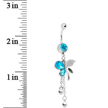Aqua Gem Paved Wing Butterfly Chain Drop Belly Ring