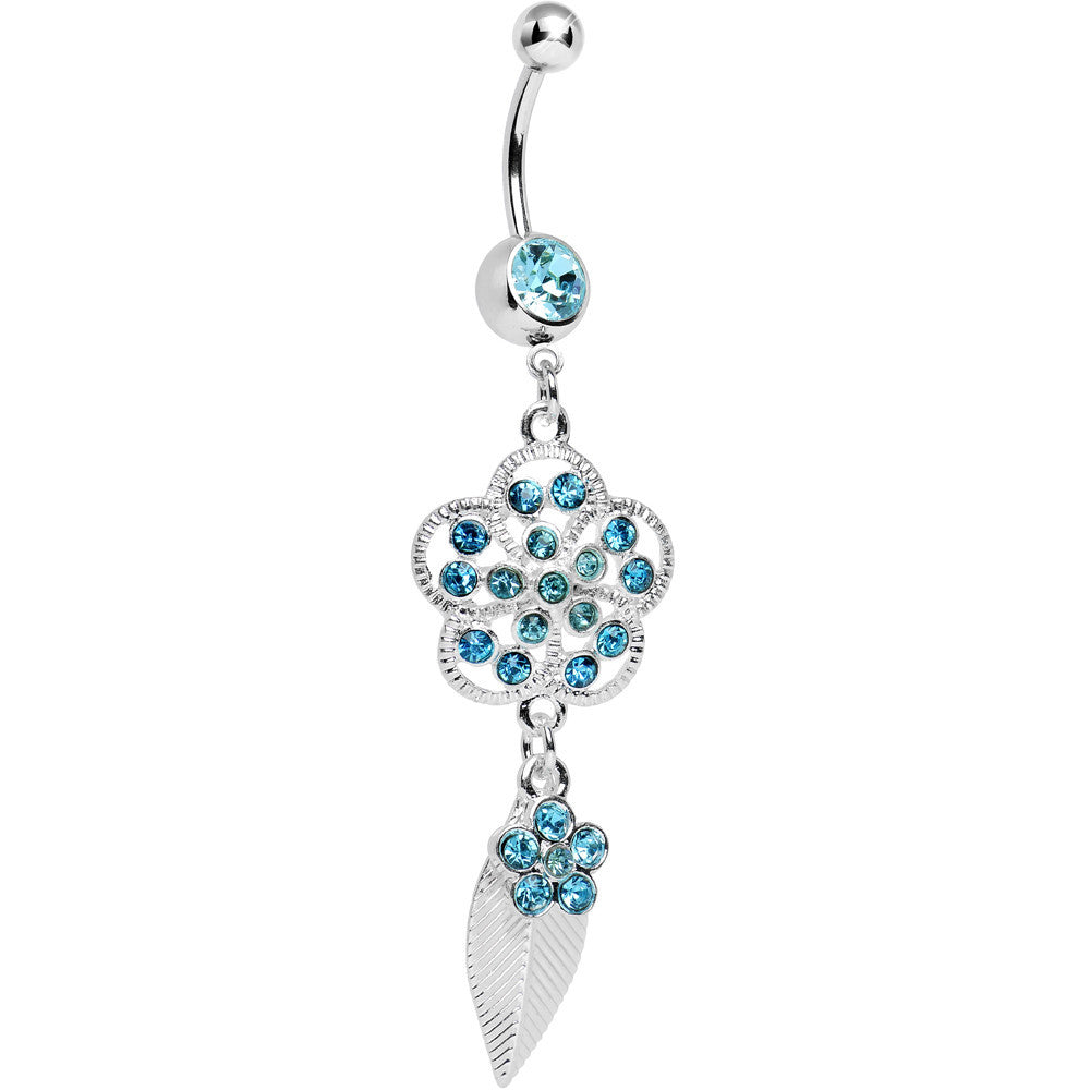 Aqua Gem Flower Falling Leaf Belly Ring