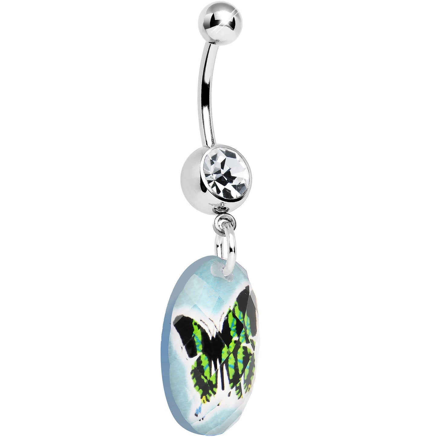 Aqua Gem Black Butterfly Dangle Belly Ring