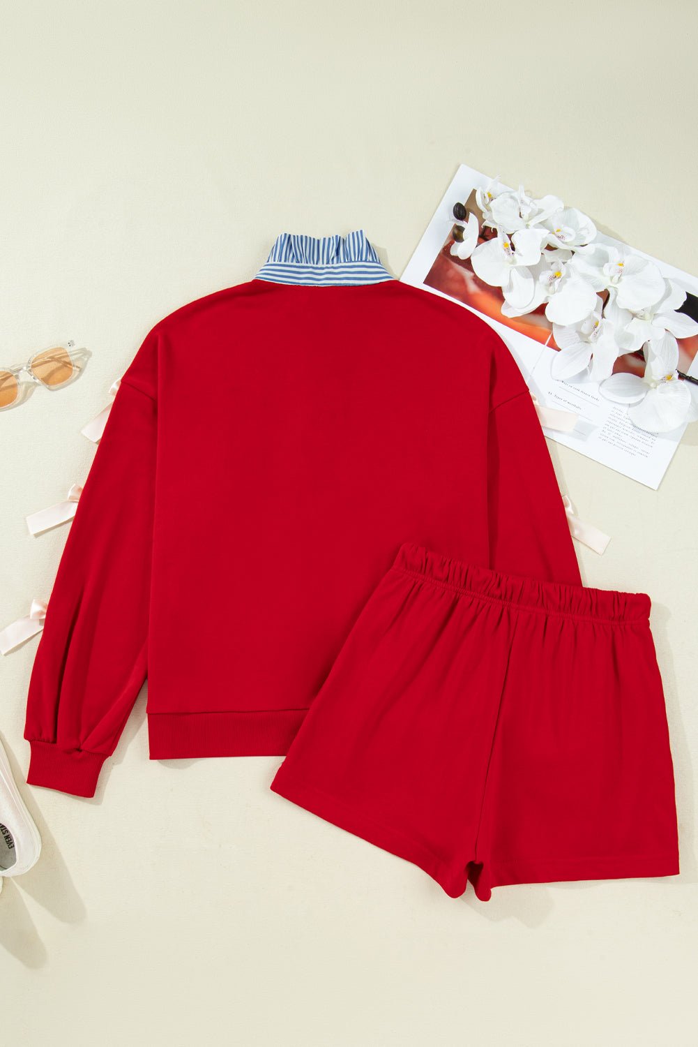 Racing Red Striped Collar Patchwork Satin Bow Sweatshirt and Shorts Set - Jaico Online Shop