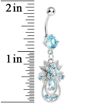 Aqua Gem Leafy Flower Teardrop Dangle Belly Ring