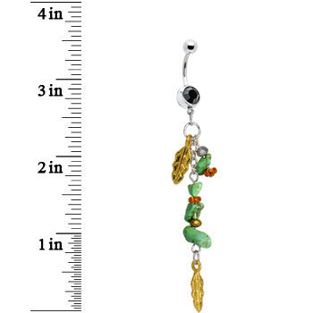Black Gem Turquoise Gold Feathers Dangle Belly Ring