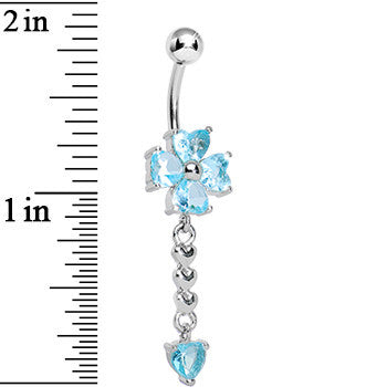Aqua Gem Four Heart Flower Chain Dangle Belly Ring