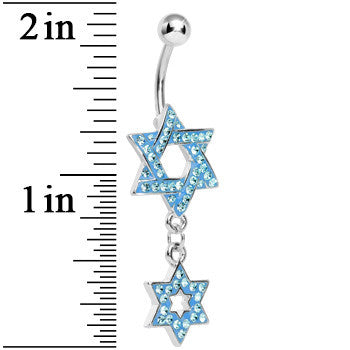 Aqua Gem Paved Double Star of David Dangle Belly Ring