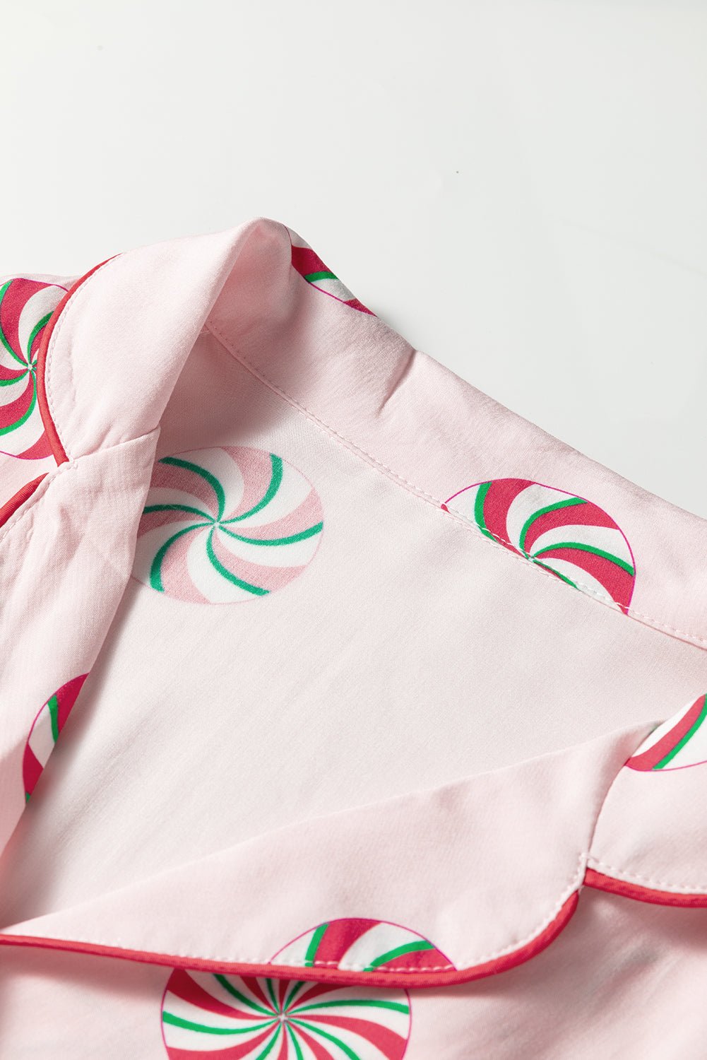 Pink Christmas Candy Contrast Trim Bow Knot Silky 2pcs Pajama Set - Jaico Online Shop