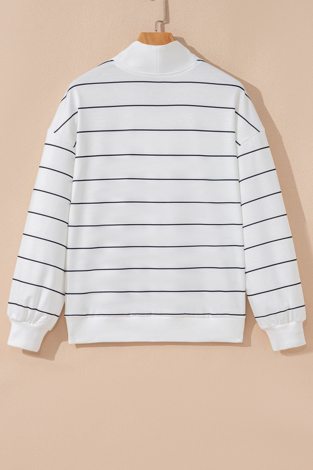 White Zip V Neck Casual Stripe Print Drop Shoulder Long Sleeve Top - Jaico Online Shop
