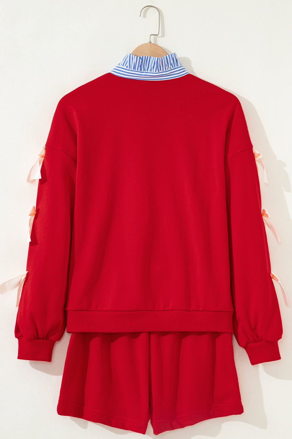 Racing Red Striped Collar Patchwork Satin Bow Sweatshirt and Shorts Set - Jaico Online Shop