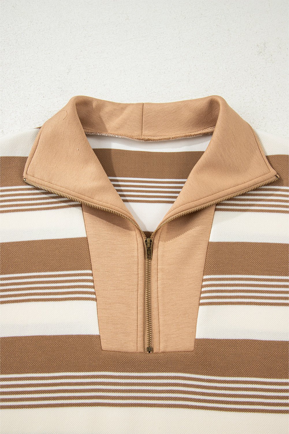 Khaki Stripe Zip Collar Patchwork Vintage Fashion Sweatshirt - Jaico Online Shop