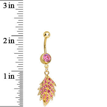 Pink Gem Gold Plated Delicate Drifting Leaf Dangle Belly Ring