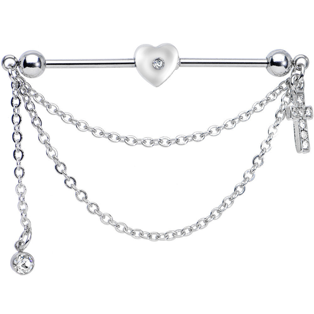 14G Clear Gem Love and Faith Heart Cross Industrial Barbell 38mm