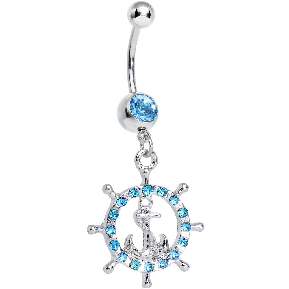 Aqua Gem Paved Glam Ship Wheel and Anchor Dangle Belly Ring