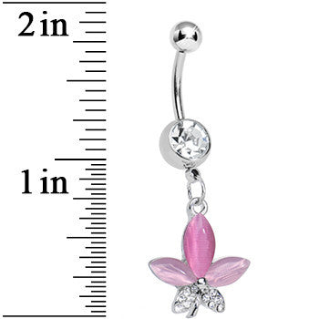 Clear Gem Blooming Pink Pearly Flower Dangle Belly Ring