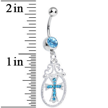 Aqua Gem Oval Framed Elegant Cross Dangle Belly Ring