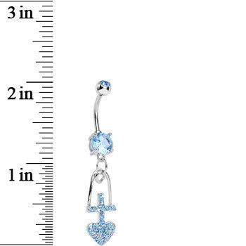 Aqua Gem Glitter Cross and Heart Dangle Belly Ring