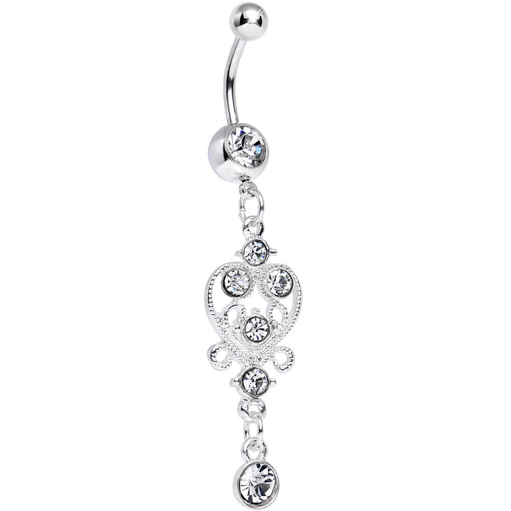 Clear Gem Lavish Scrollwork Heart Dangle Belly Ring