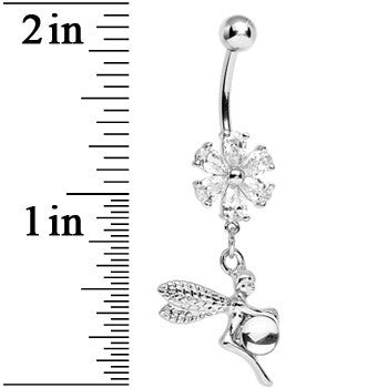 Clear CZ Flower Topped Orb and Fairy Dangle Belly Ring