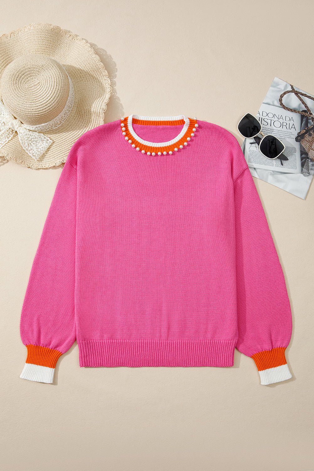Sachet Pink Contrast Crew Neck Pearled Decor Drop Shoulder Knit Sweater - Jaico Online Shop